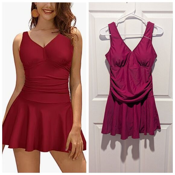 SHEKINI Size Medium Wine V Neck One Piece Ruched Retro Swimdress Bathing Suit - Picture 1 of 9